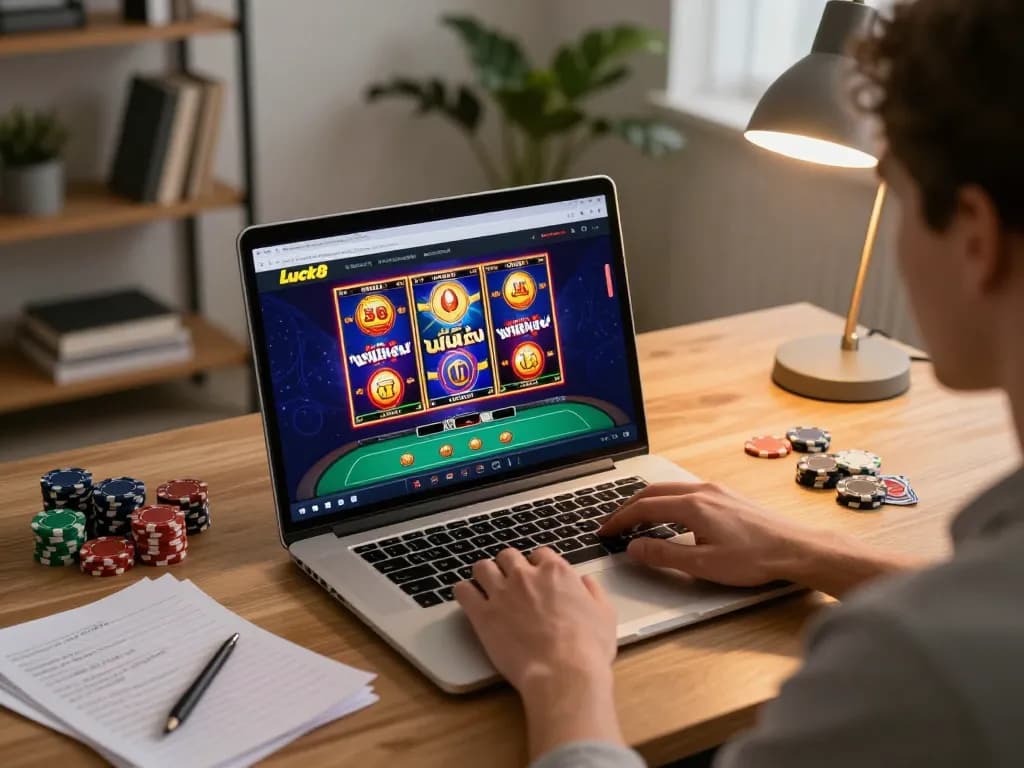 Engaging online gambling session using Luck8 platform on a laptop at home with interesting slot displays.