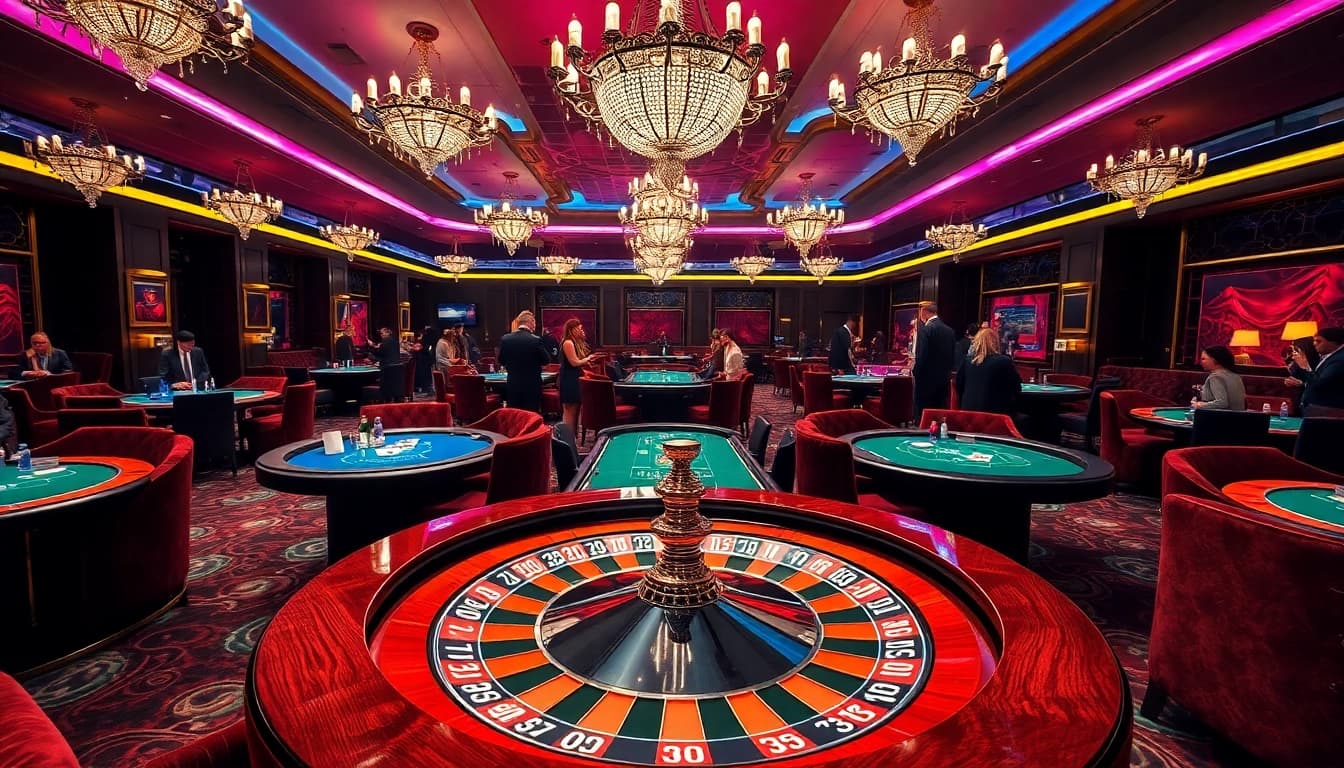 Experience the excitement of KJC in a luxurious casino filled with tables, chips, and vibrant players.