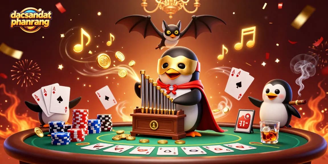 Experience dynamic gambling excitement with dacsandatphanrang in a vibrant 3D casino scene featuring a penguin organist.