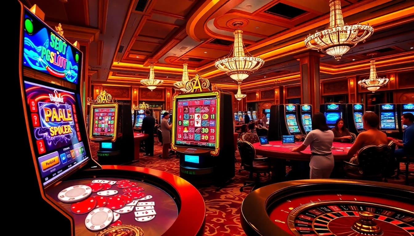 PGSLOT IN highlights thrilling action at an elegant casino with vibrant slot machines.