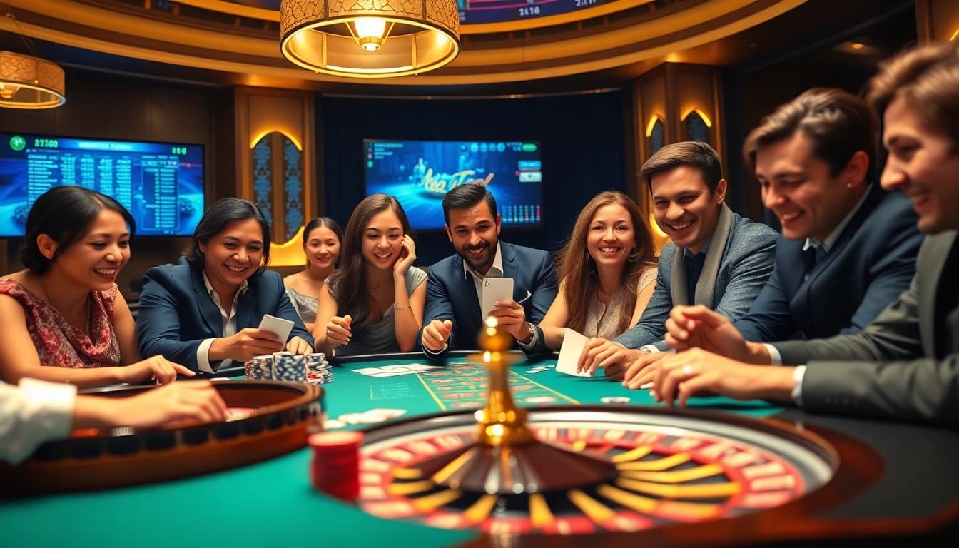Bem88 players enjoying a high-stakes game at a luxurious casino table, immersing in the thrill of gambling.