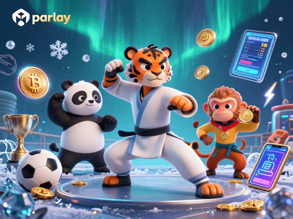 Engage in thrilling mix parlay betting with vibrant characters showcasing sports and cryptocurrency themes in a dynamic scene.