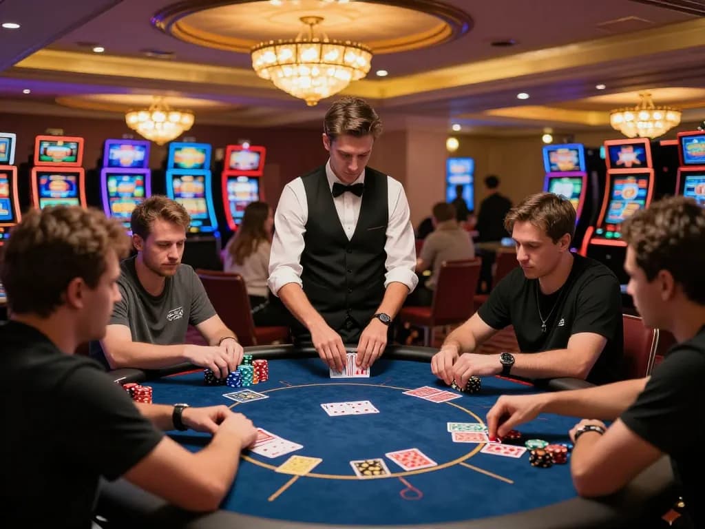 Players engaging in a thrilling poker game at cm88 casino surrounded by colorful slot machines.