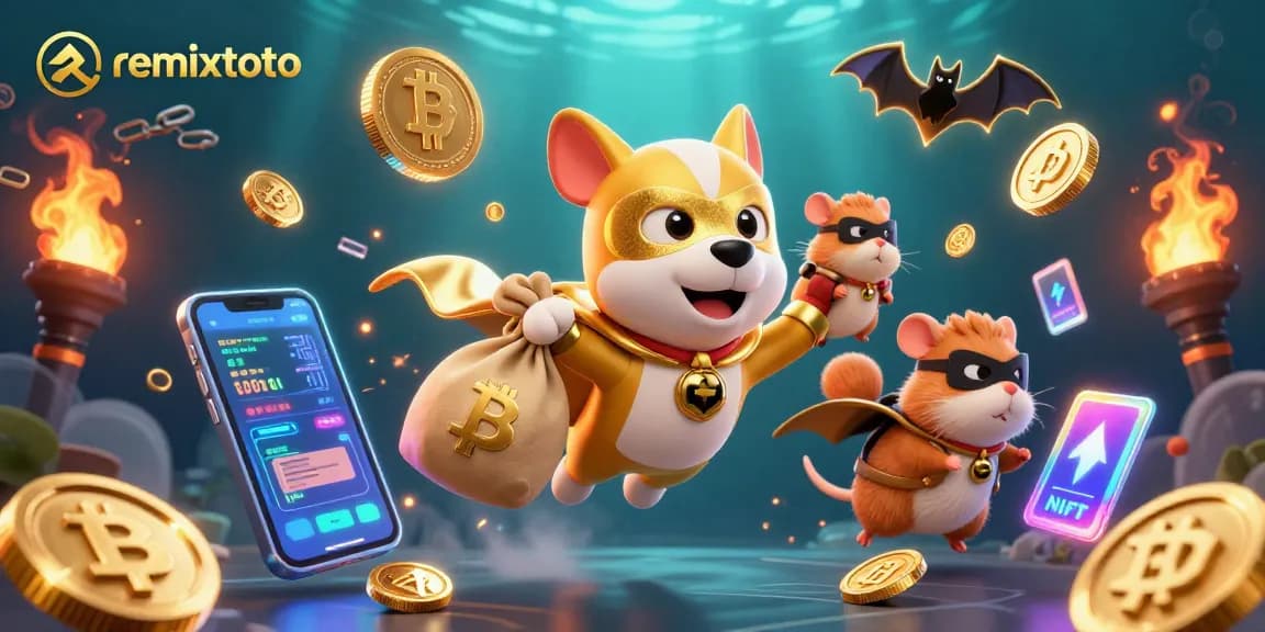 Engage with remixtoto's thrilling gaming experience, featuring a superhero dog amid glowing crypto elements.