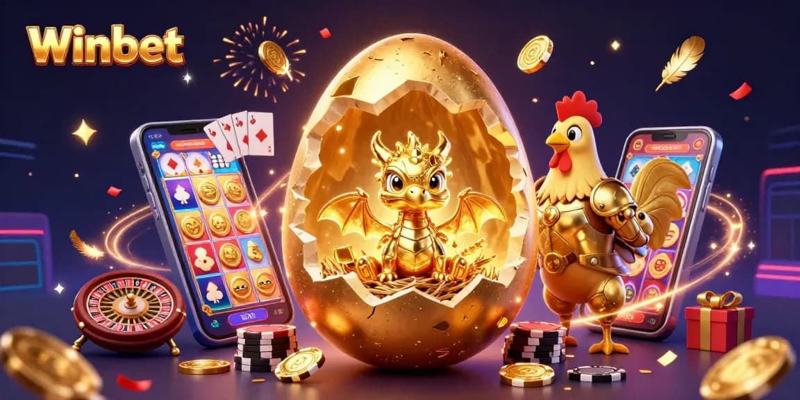 Winbet features dynamic gameplay with a golden dragon and casino elements in a vibrant illustration.
