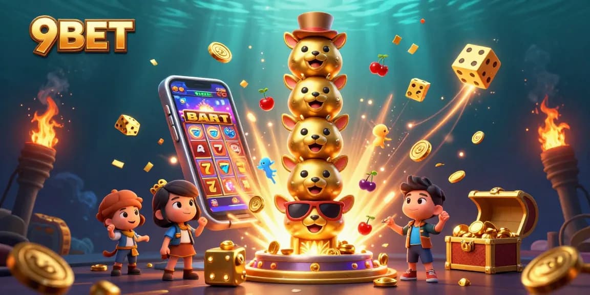 Play exciting games with 9BET, featuring a vibrant 3D casino scene filled with dynamic elements.