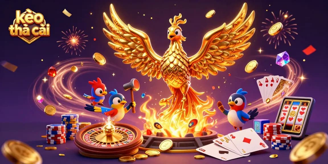 Experience thrilling kèo nhà cái action with golden phoenix and cascading coins in a vibrant 3D illustration.