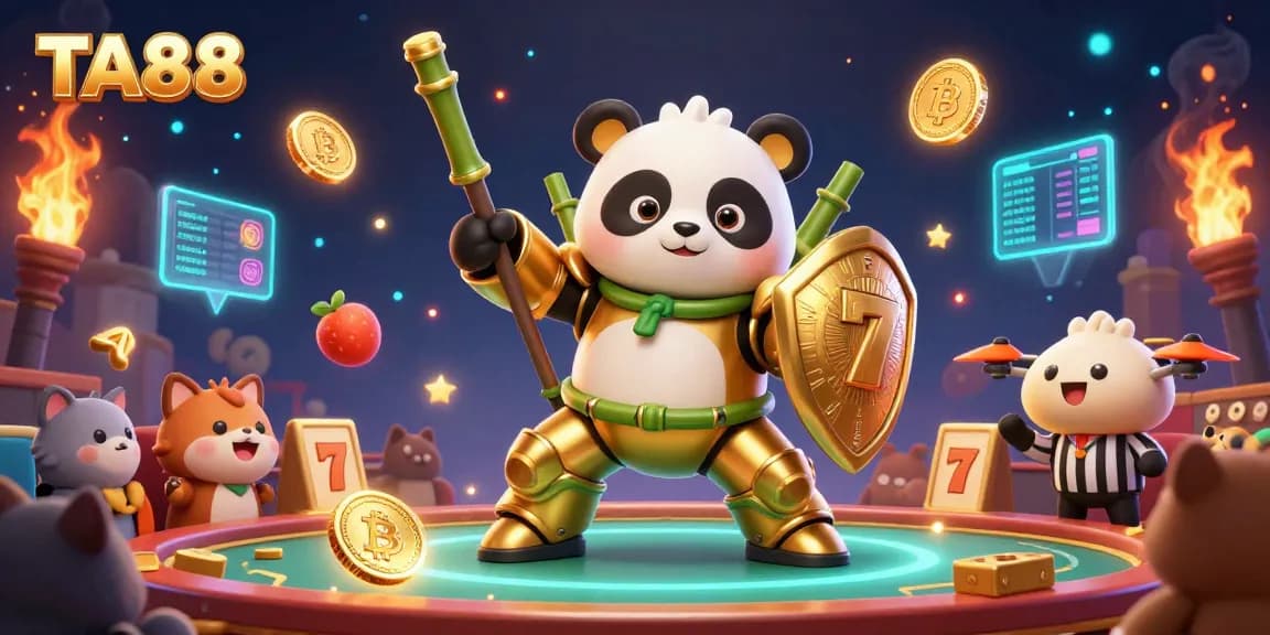 Engage with TA88 in an exciting casino scene featuring a golden panda robot and slot elements.