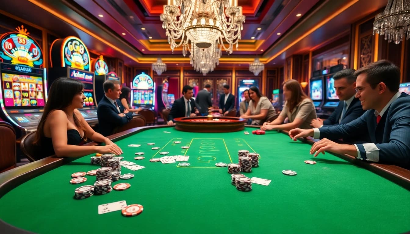 Exciting GG88 poker scene with players, cards, and luxurious casino decor.