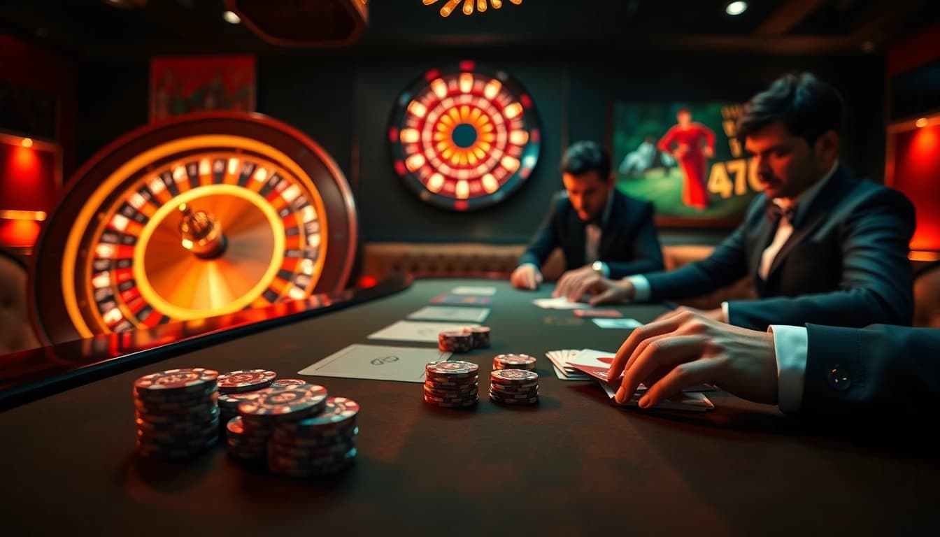 Players engaging at the poker table with casino chips showcasing juragan77 excitement in gambling.