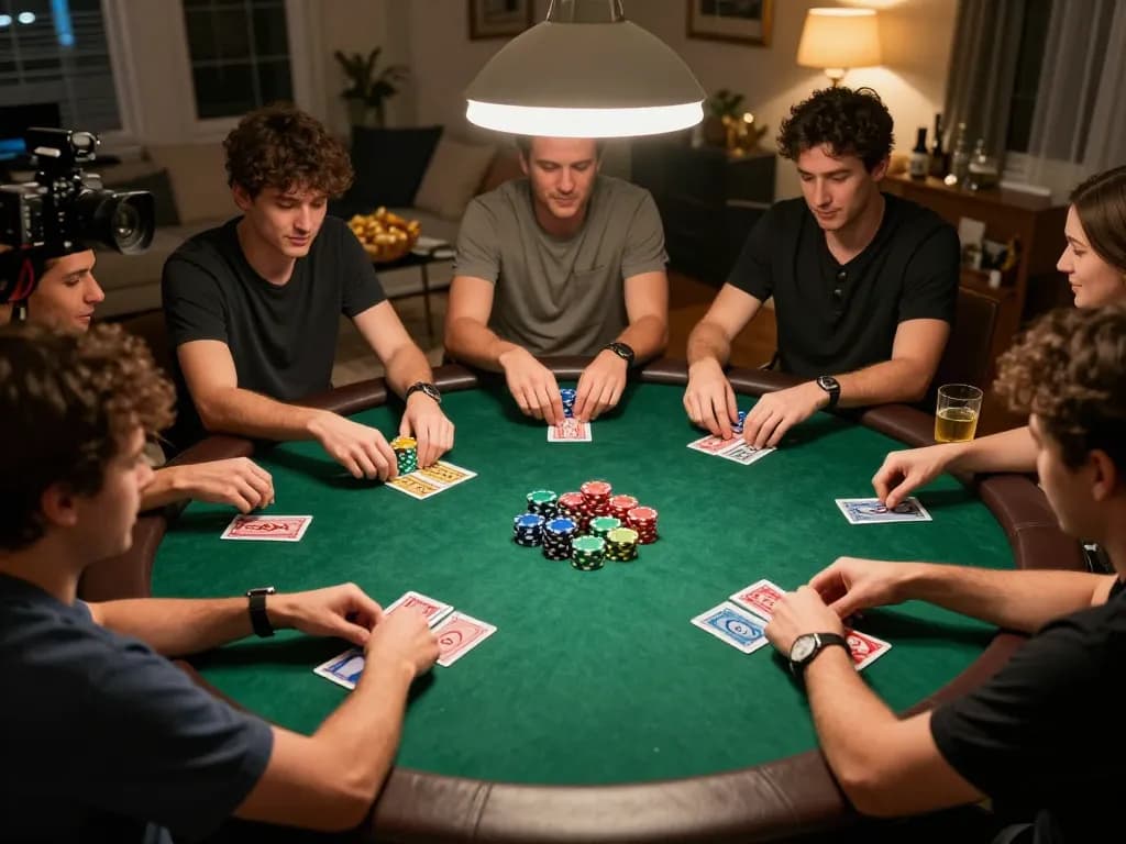 Players in an engaging poker game at home, showcasing strategies with 789f logo visible.