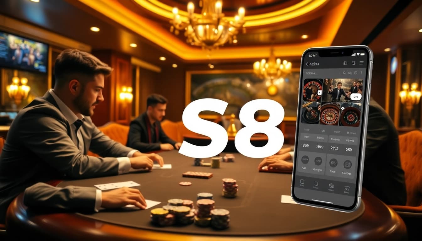 Professional gamblers at a high-stakes S8 poker table with chips and cards.