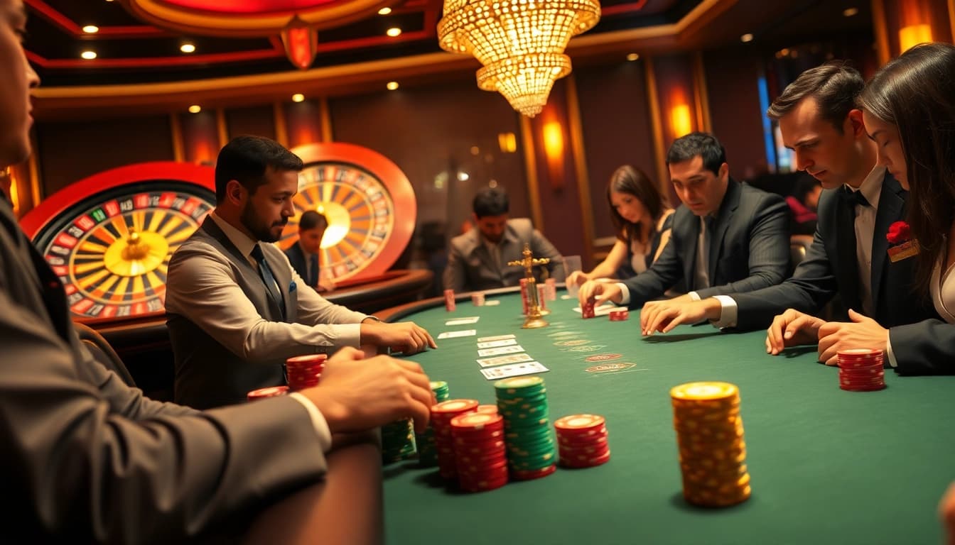 B29 players strategizing in an exhilarating poker game at a luxurious casino.