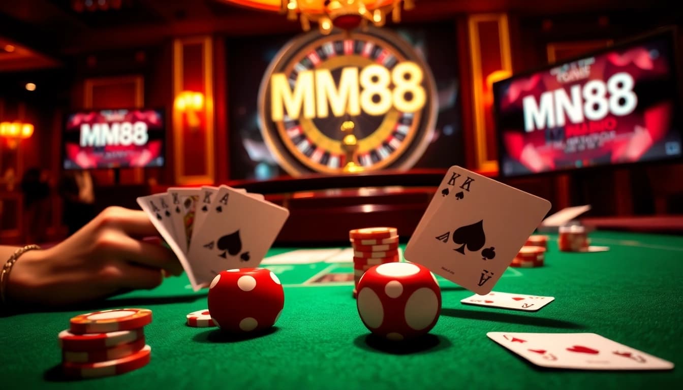 Engage in thrilling gambling experiences at MM88's sophisticated poker table with vibrant chips and cards.