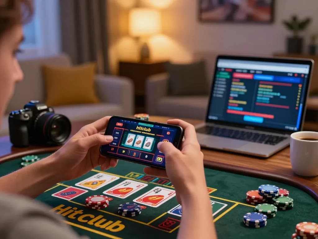 Engaging with hitclub's mobile casino app in a cozy home setting