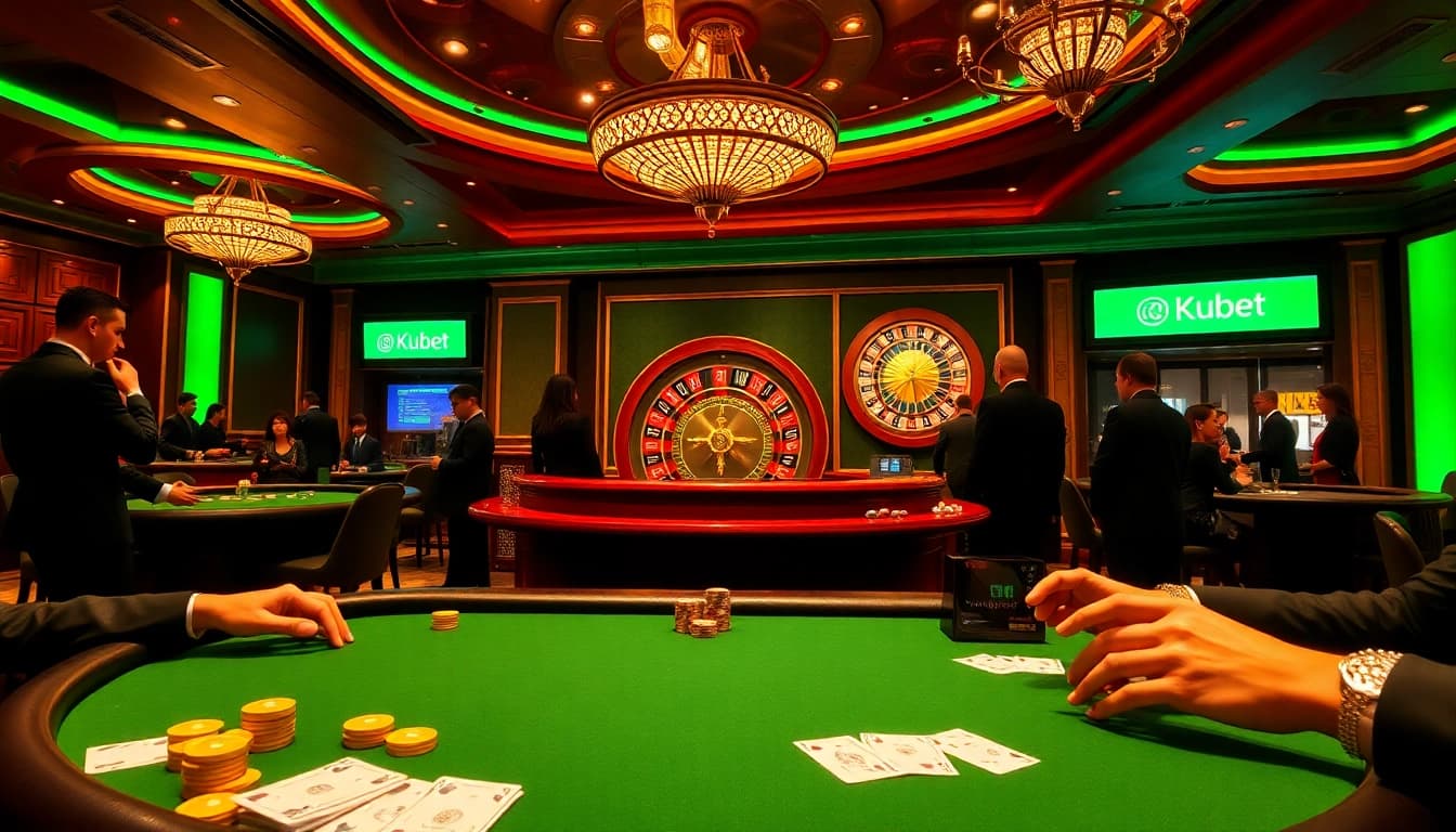 Kubet offers an elegant casino experience with poker tables and vibrant gaming elements.