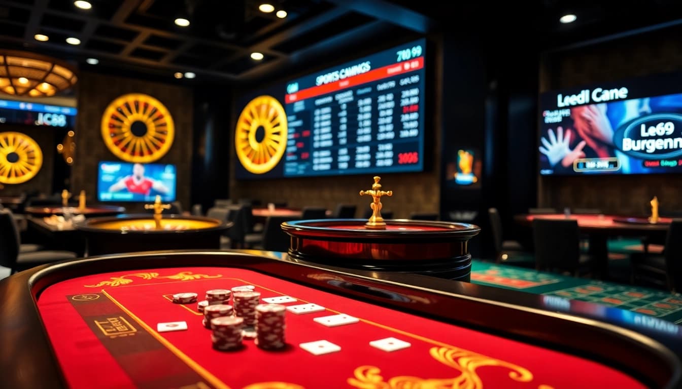 Experience thrilling gameplay at LC88's elegant casino table, with poker chips and roulette wheels.