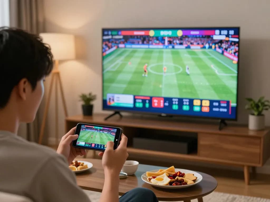 Person placing bets on bong99 while watching a live sports match on TV, showcasing excitement.