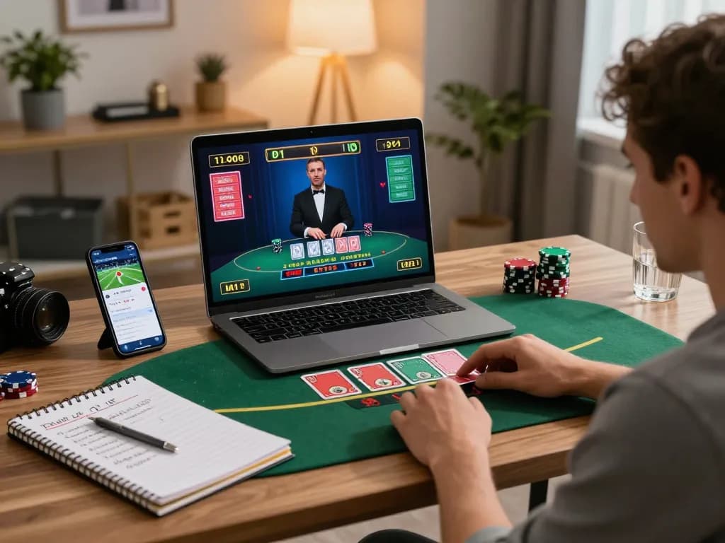 ONE88 player engaging in live dealer blackjack at home gaming setup, showcasing strategic betting notes and smartphone apps.