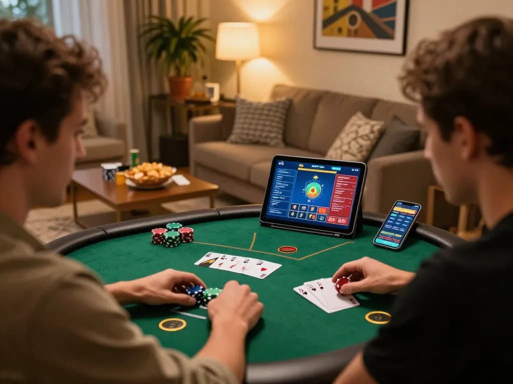 Player engaged in a thrilling jun88 poker game on a tablet in a cozy home setting