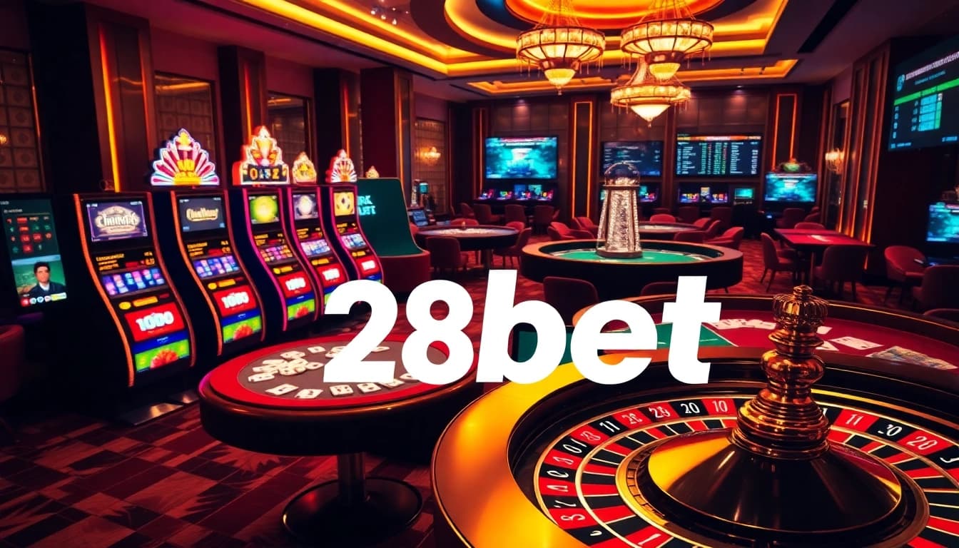Exciting gaming experience at 28bet with vibrant slot machines and poker tables.