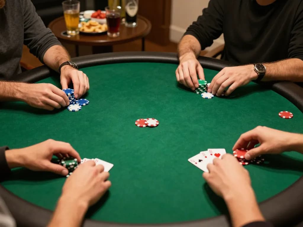 N188VIP poker game night with vibrant chips and players' hands ready to bet.
