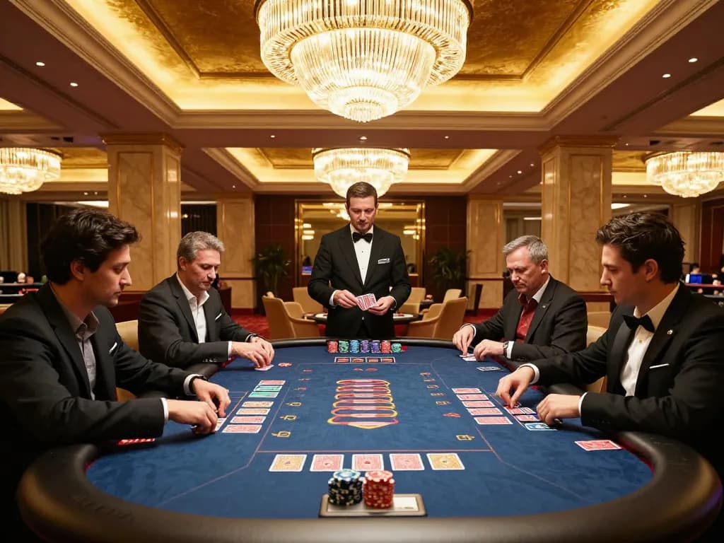 Players at the baccarat table in Say88 casino focusing on cards and strategy, showcasing dynamic gaming moment