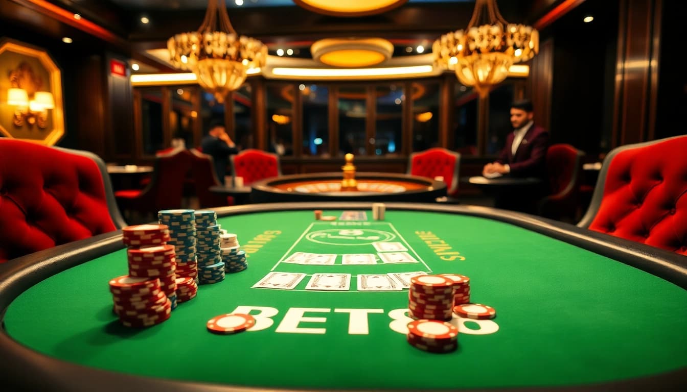 Experience the thrill of BET88 at a luxurious poker table featuring colorful chips and captivating gameplay.