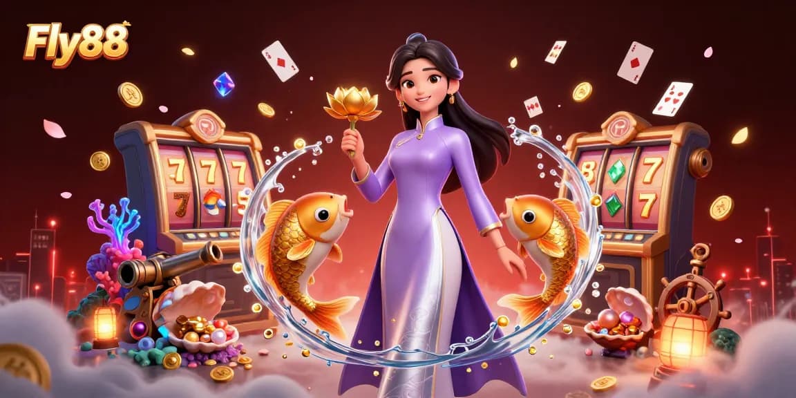 Engage in thrilling gameplay at Fly88, featuring vibrant slot reels and dynamic casino elements.