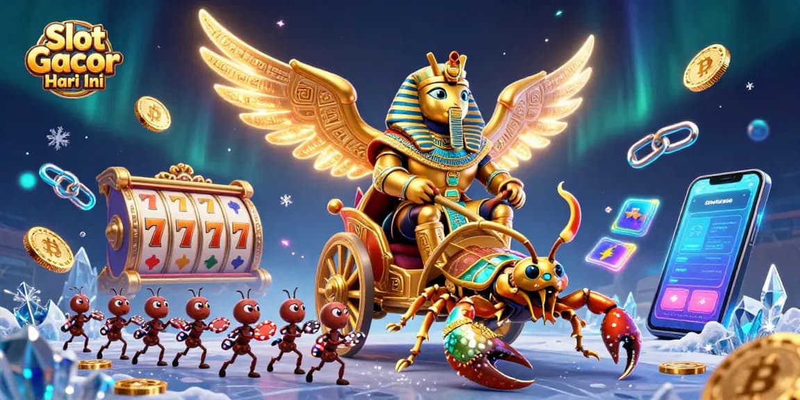 Experience Slot Gacor Hari Ini as animated golden icons and characters create a vibrant casino battle.