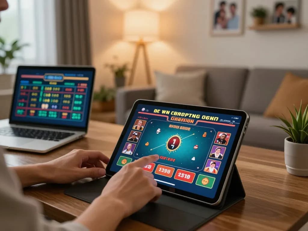 Person enjoying hm88 online casino gaming on a tablet in a cozy living room, engaged in strategic gameplay.