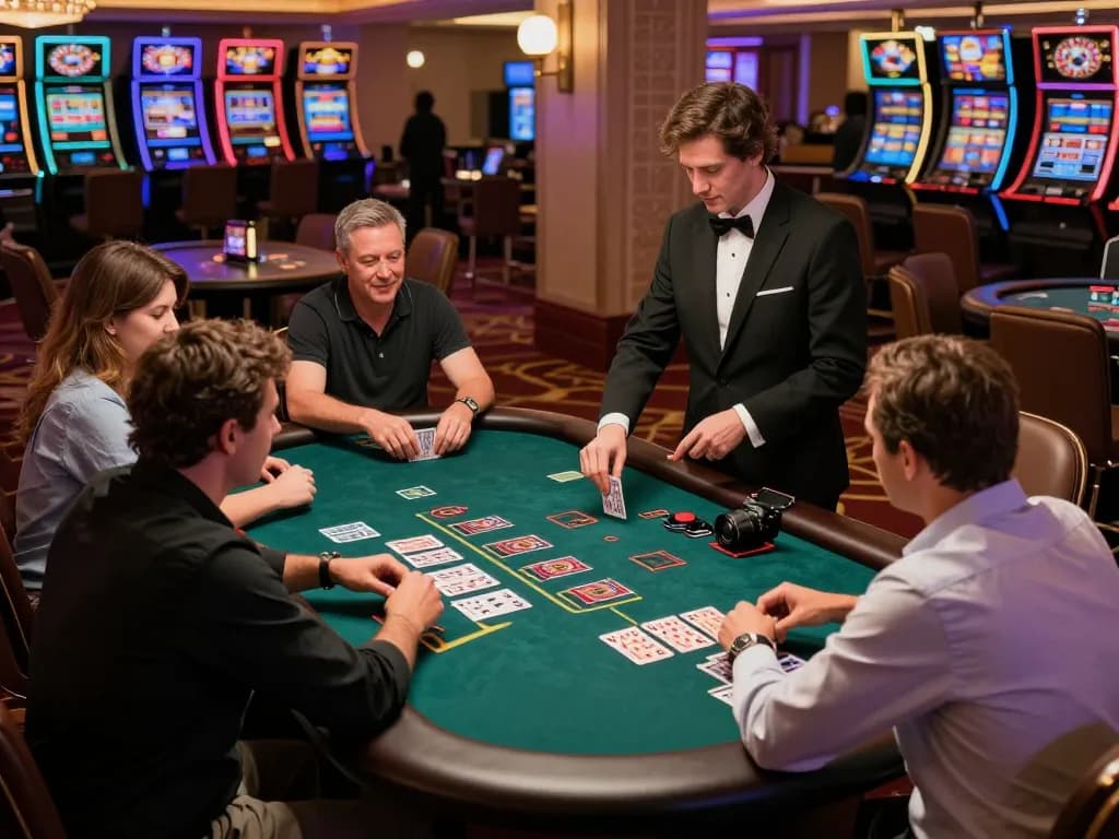Players placing strategic bets at PLANET88 blackjack table amidst luxurious casino decor