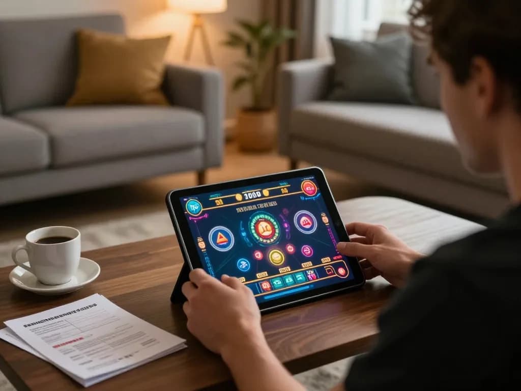 Player enjoys engaging live dealer game on 555win tablet in a cozy home setting.