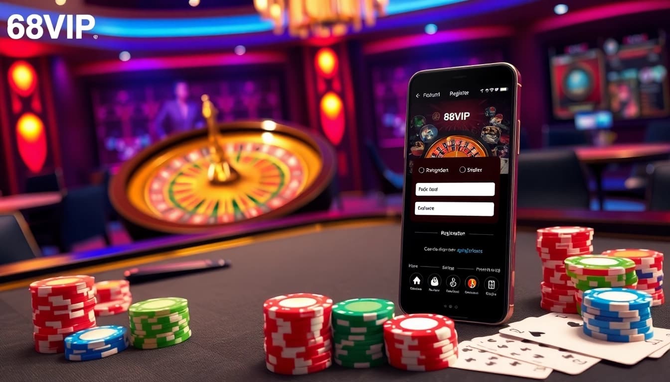 Engage with Đăng Ký Nhà Cái 68VIP in a vibrant casino scene featuring poker chips, roulette wheels, and an online gaming interface.