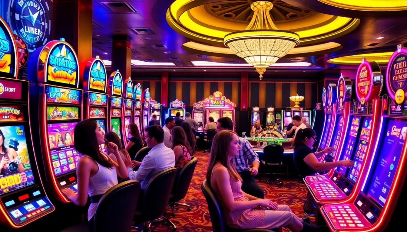 Players enjoying exciting slot gacor machines with colorful displays in a bustling casino.