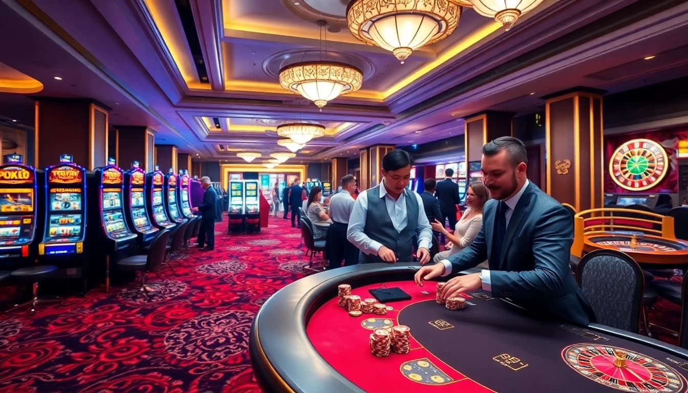 Hello88 casino gaming scene with players excitedly engaging at poker tables and slot machines.