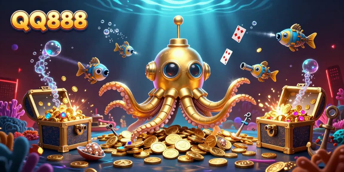 Engage in thrilling games with QQ888's dynamic illustration of golden kraken and winning elements underwater.