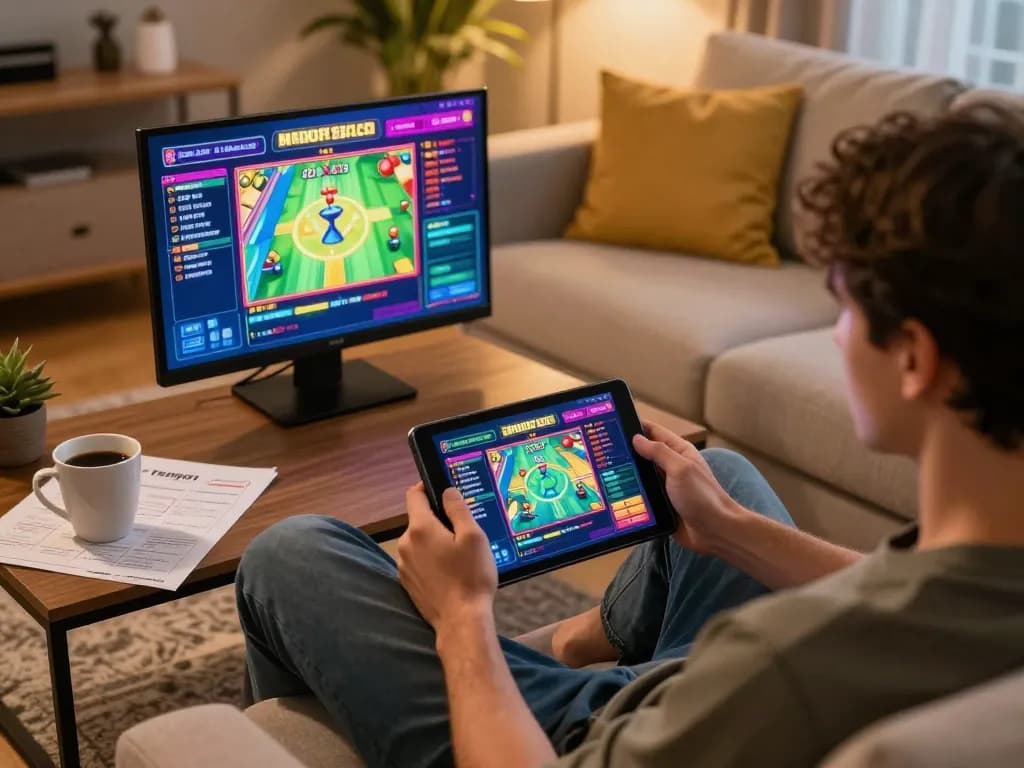 Engaging player enjoying Tempo123 Gacor slot games on a tablet in a cozy home setting