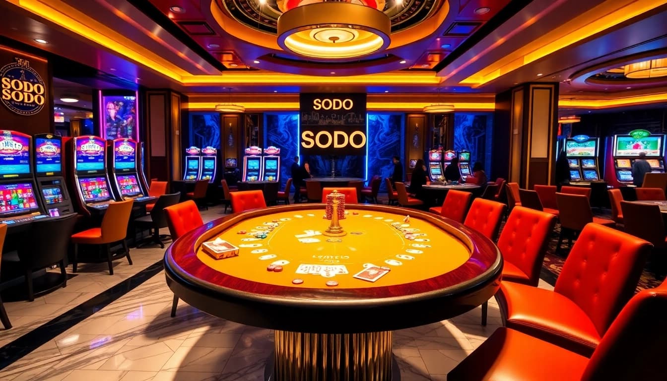 SODO casino featuring vibrant gaming tables, luxury decor, and engaging players in action.