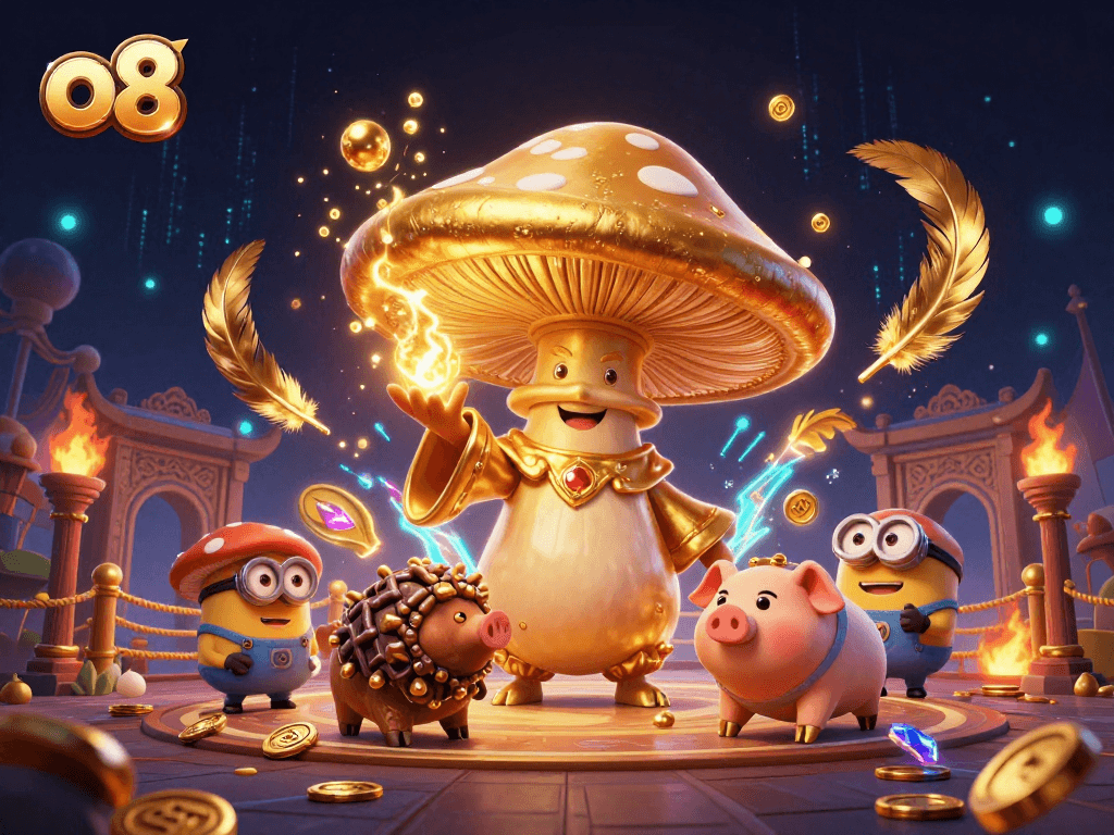 Engage with o8's magic as a golden wizard channels fortune amidst treasure and games of chance.