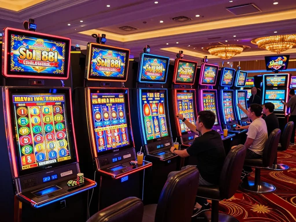 Engaging slot machine action at Slot88 with players celebrating wins in a vibrant casino atmosphere