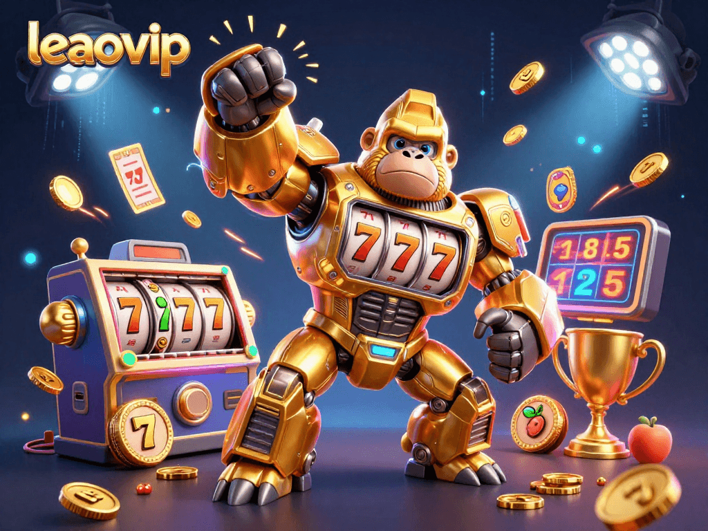 Experience thrilling action with leaovip's vibrant golden gorilla mech and jackpot elements in this dynamic 3D illustration.