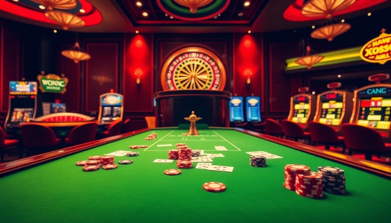 Exciting gambling scene featuring Xoso66 with poker chips, cards, and a roulette wheel.