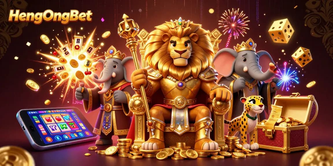 Experience the excitement of HengOngBet with a dynamic 3D casino scene featuring a lion king, elephant advisor, and cheetah.