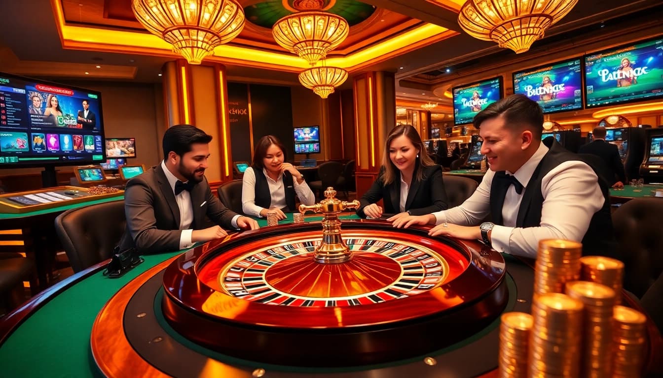 Experience the excitement at Bl555 casino with vibrant gaming around roulette and poker tables.