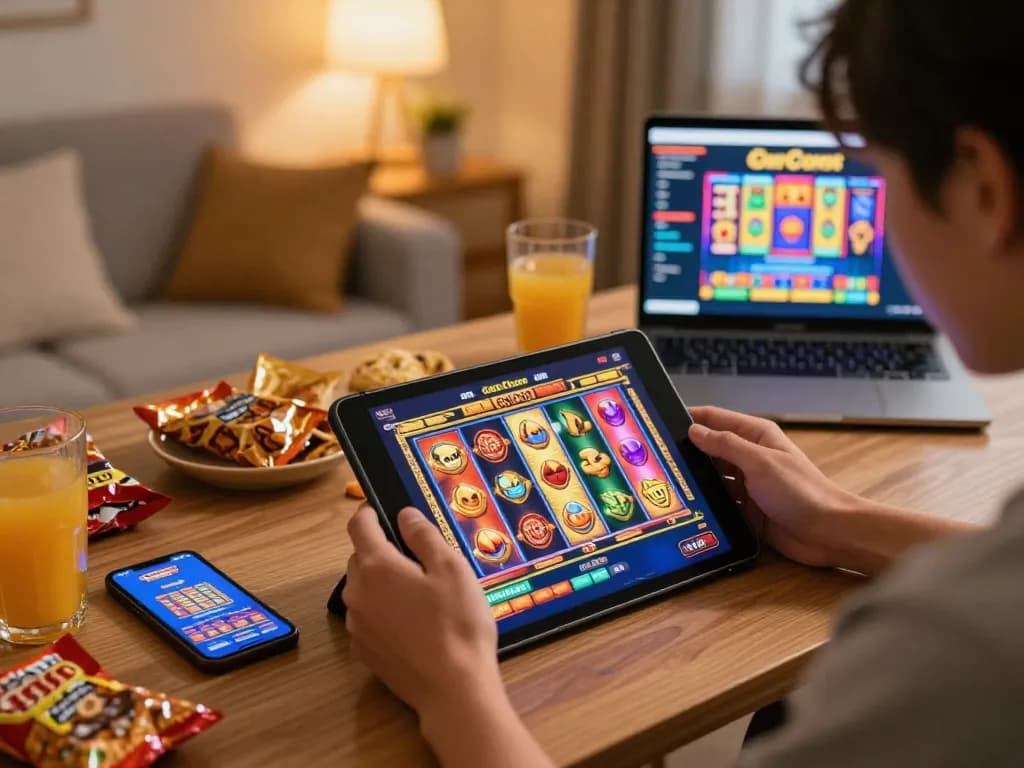 Engaging in a slot gacor session on a tablet, showcasing vibrant gameplay at home
