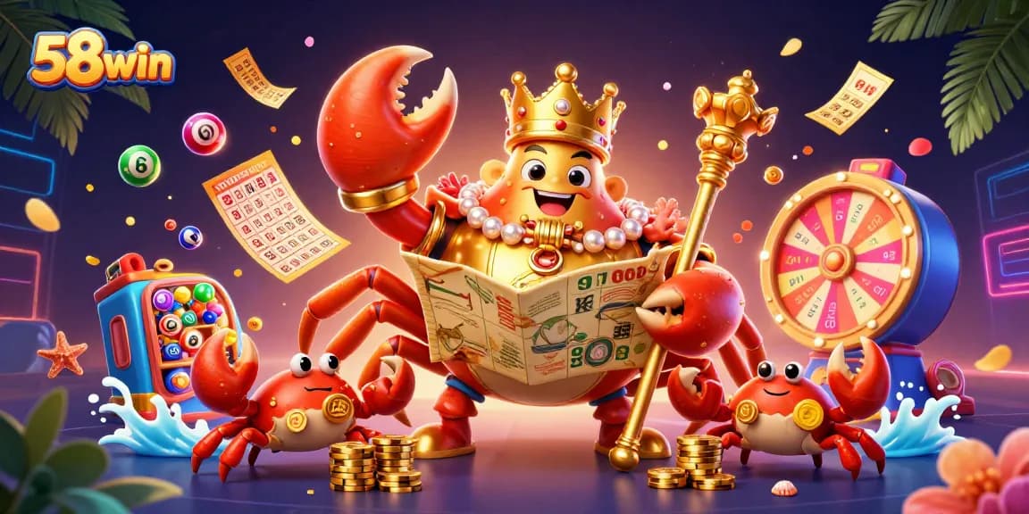 Engage with the exciting world of 58win through a vibrant casino-themed illustration showcasing game elements.