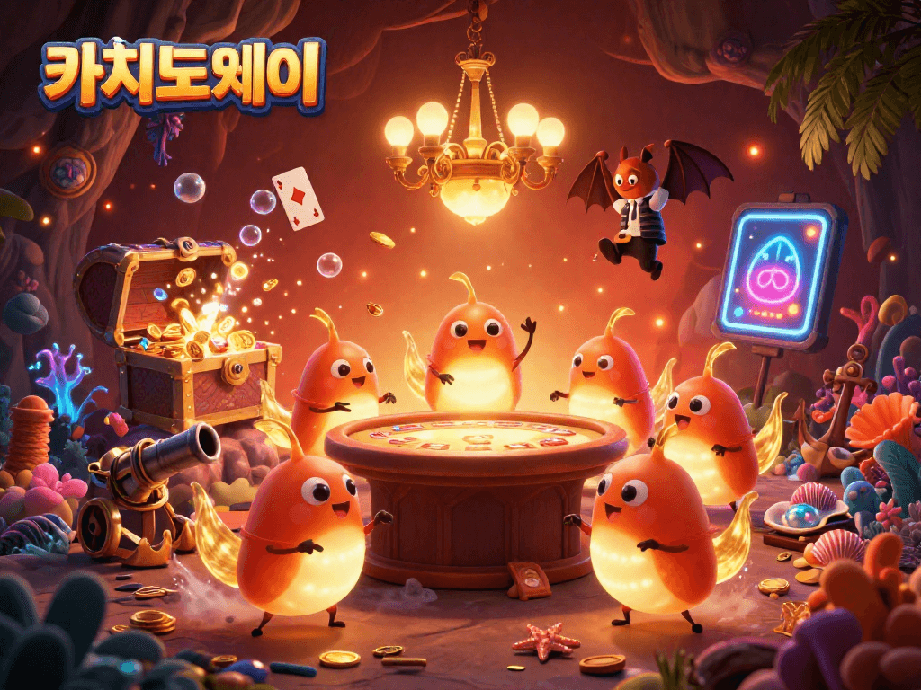 카지노사이트에서 카지노 게임을 즐기는 배트 딜러와 빛나는 꼬리의 반딧불이 팀의 3D 일러스트