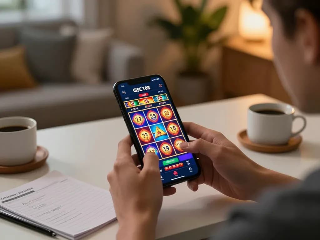 Gsc108 player engaging with mobile slot game for thrilling online gambling experience