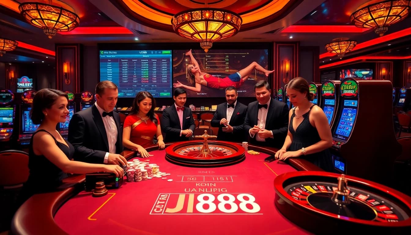 Experience thrilling action at uu88 with players enjoying poker and slots in a luxurious casino.